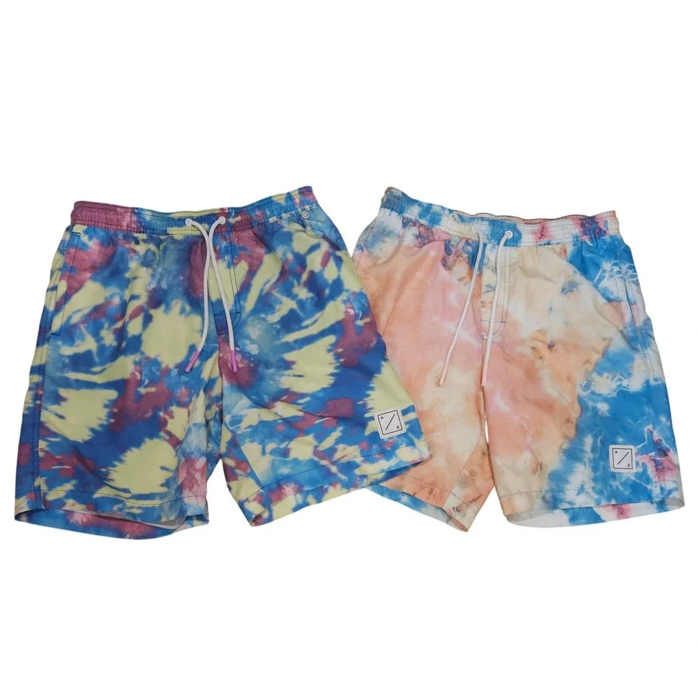 American Eagle Two Pair Men's Tie Dye Swim Trunks S Blue Yellow Pink Orange